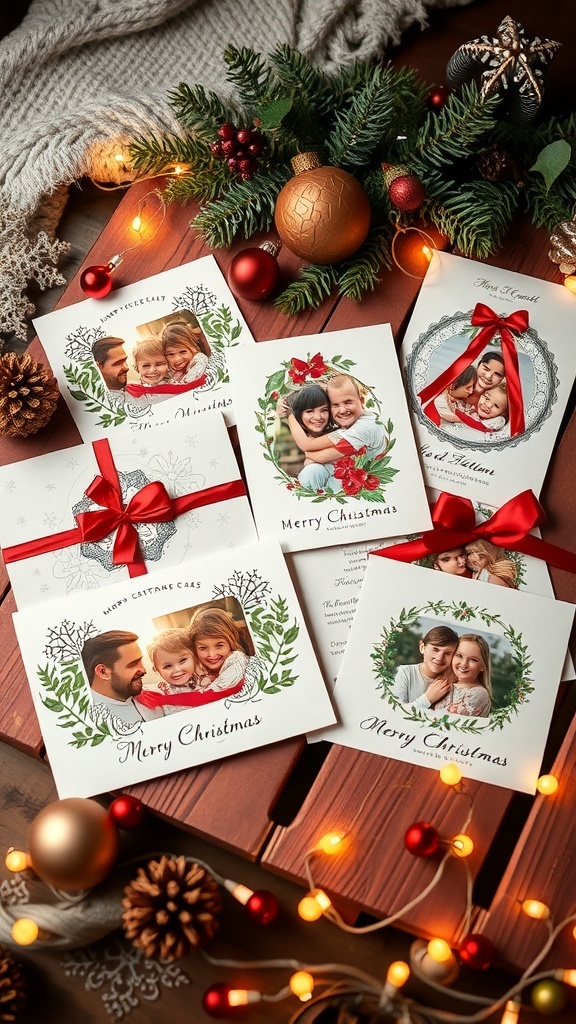 A variety of creative Christmas cards with family photos and festive decorations on a wooden table.